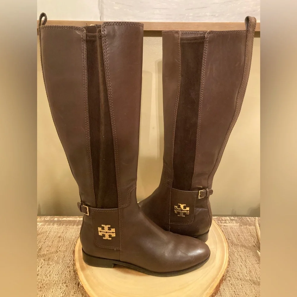 Tory Burch Wyatt Over Knee Brown‎ Leather Boots Zip Up Size-7.5